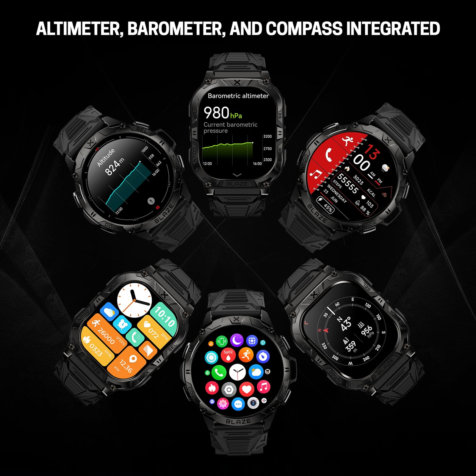 CARBINOX Blaze Smart Watch - GPS, Rugged Fitness Tracker, Waterproof IP69K, 170+ Sports Modes, Compatible with Android/iOS, Black